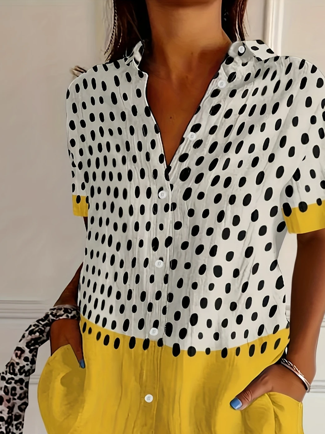 Women's Short Sleeve Shirt Summer Yellow Abstract Polka Dots Printing Shirt Collar Daily Going Out Casual Top