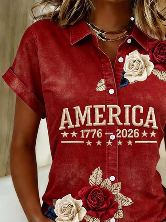 Women's Short Sleeve Shirt Summer Red Independence Day (Flag) Printing Shirt Collar Daily Going Out Casual Top