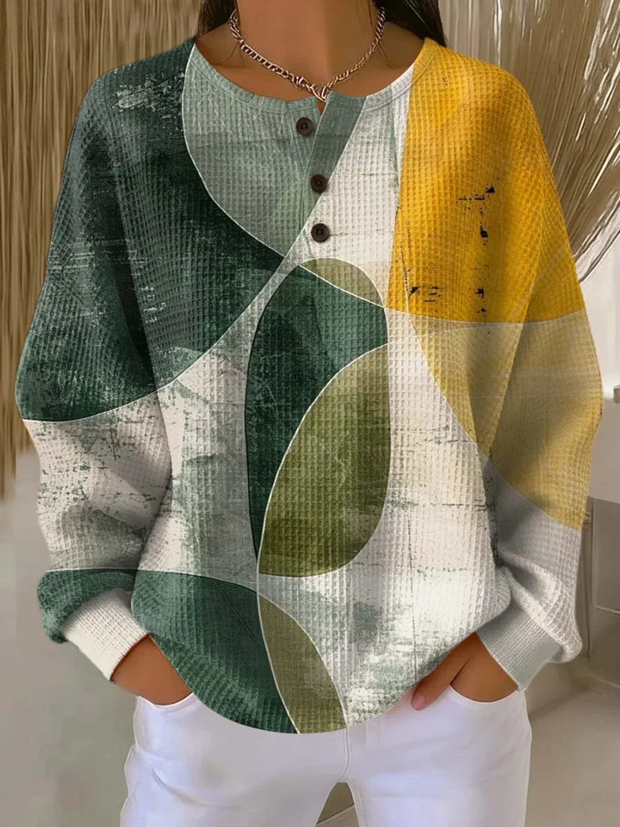 Women's Abstract Print Button-Up Casual Waffle Knit Sweatshirt