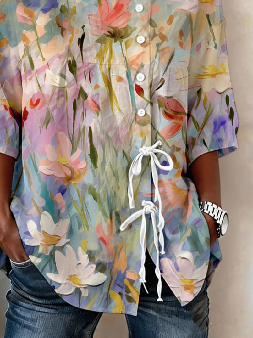 Linen Blend Crew Neck Loose Vintage Blouse