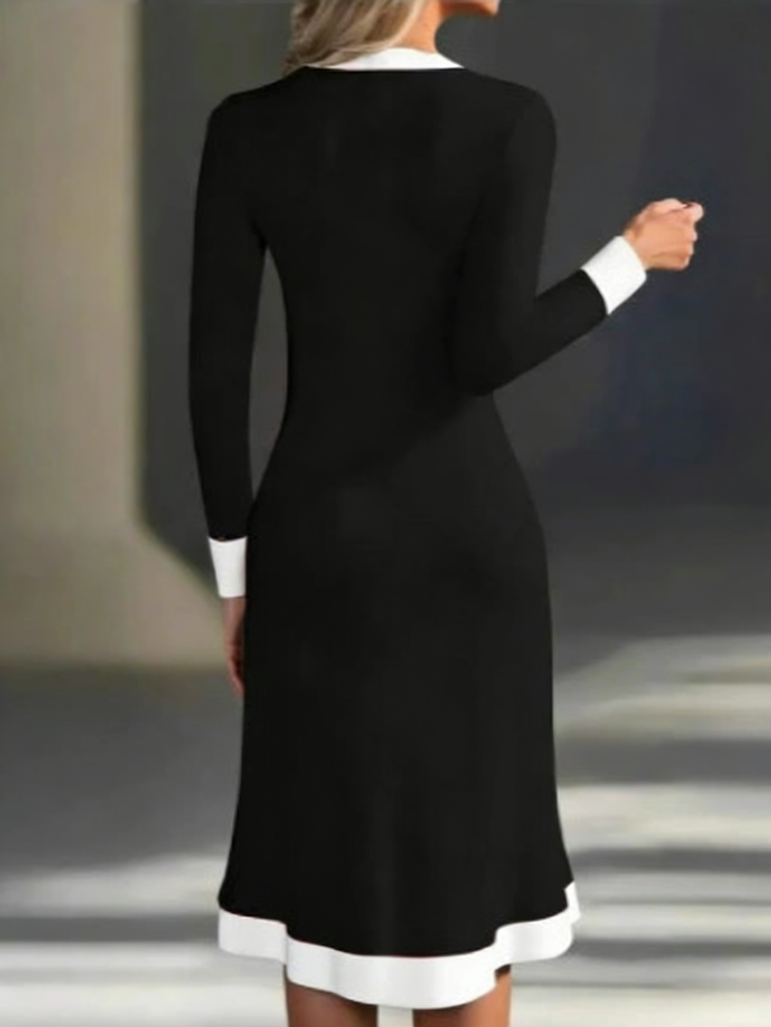 Women's Black Long Sleeve White Trim V Neck Midi Dress Elegant Bodycon Dress