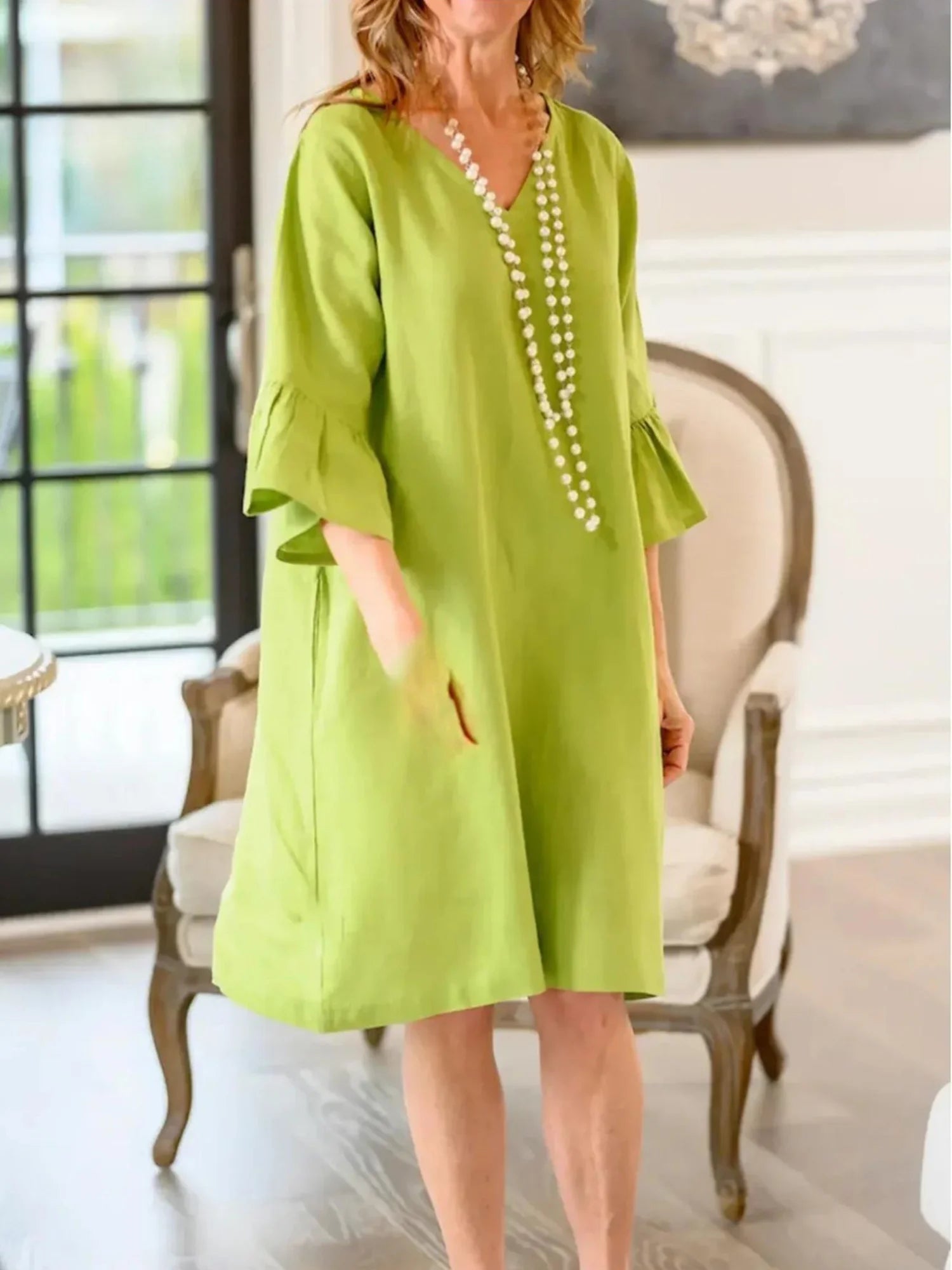 Casual Plain Ruffle Sleeve V Neck Knee Length Dress