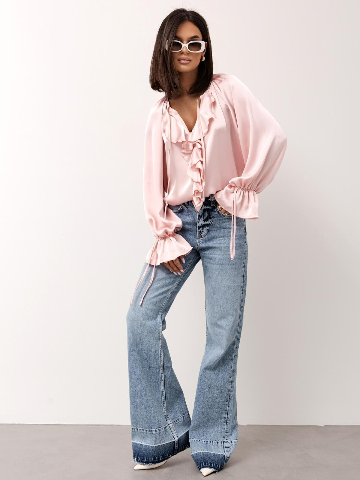 Women's Elegant Ruffled Flared Sleeve V-Neck Lace-up Blouse
