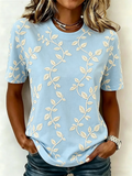 Botanical Pattern Cotton Crew Neck Casual T-Shirt