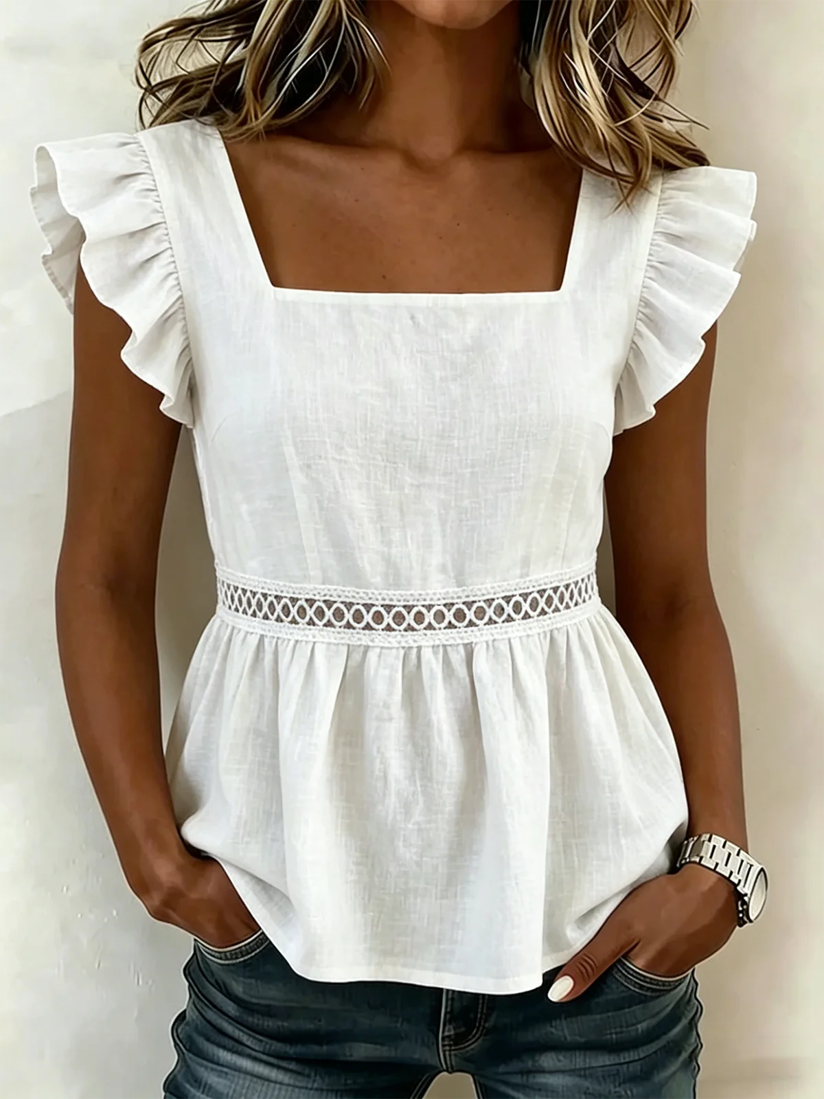 Vacation Plain Cotton-Blend Petal Sleeve Others Shirt