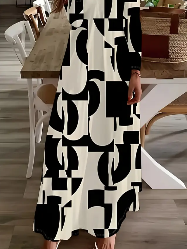 Women's Long Sleeve Spring/Fall Black Abstract Printing V Neck Daily Going Out Casual Maxi H-Line Dress