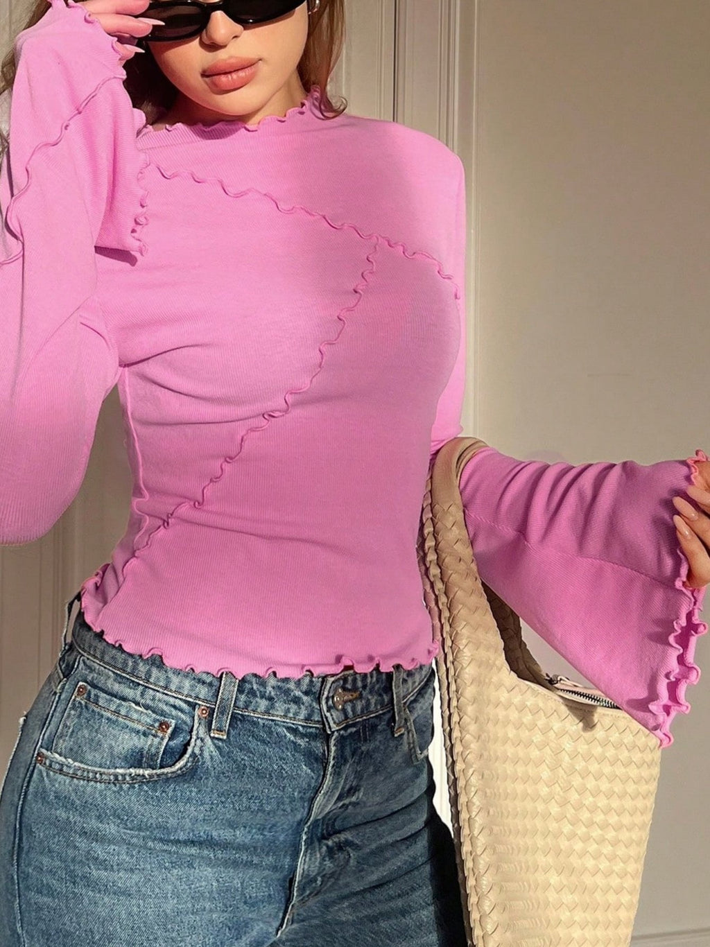 Women's Long Sleeve T-shirt Spring/Fall White Plain Split Joint Mock Neck Bell Sleeve Daily Going Out Casual Top