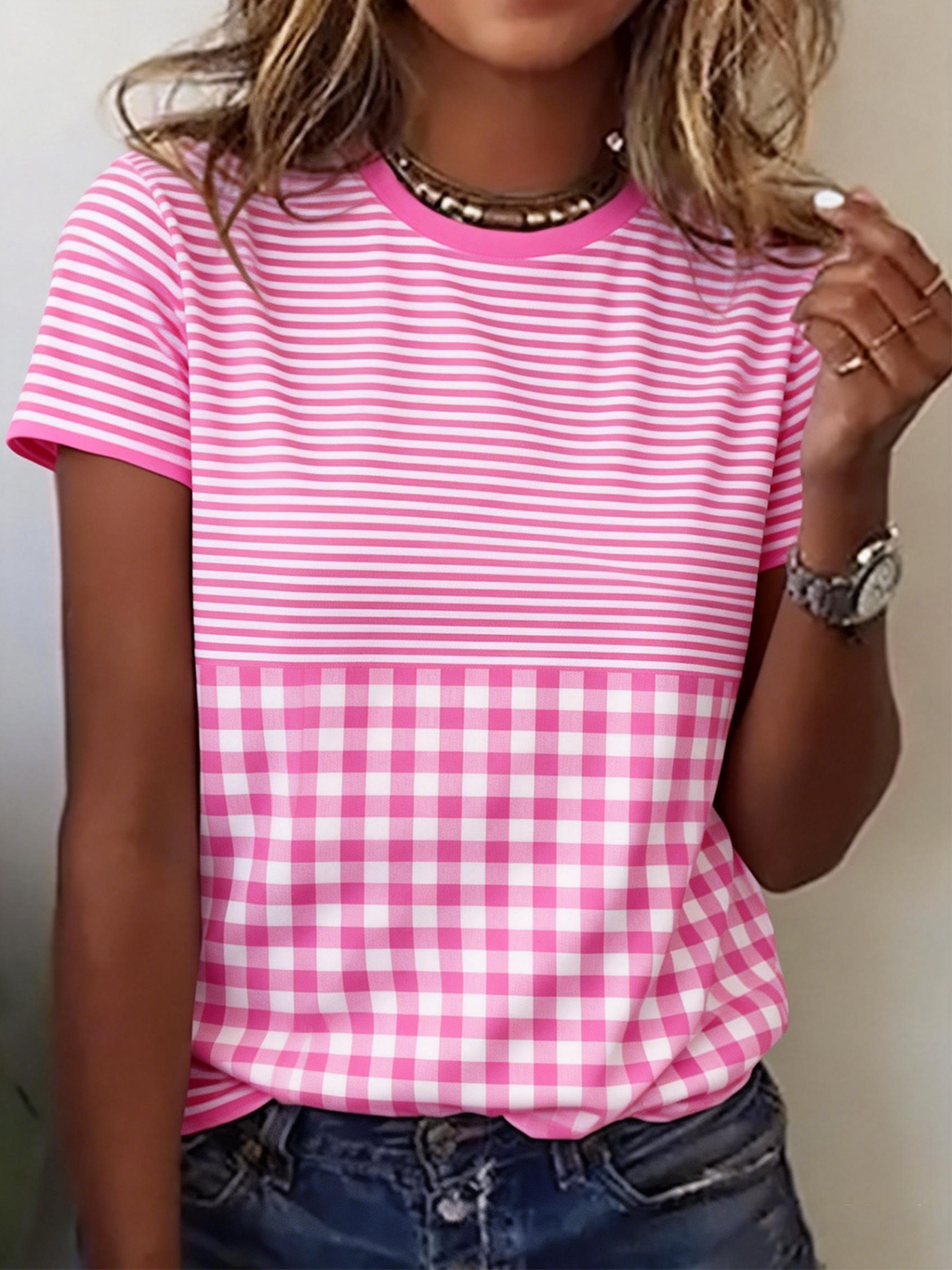 Casual Plaid Crew Neck T-Shirt