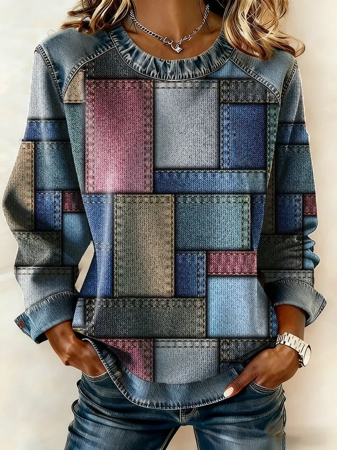 Women's Abstract Print Patchwork Denim Crewneck Long-Sleeved Sweatshirt