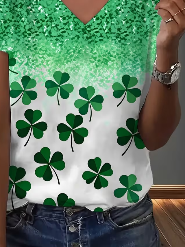Women's St. Patrick's Day Short Sleeve T-shirt Summer Green Shamrock Jersey V Neck Holiday Going Out Casual Top