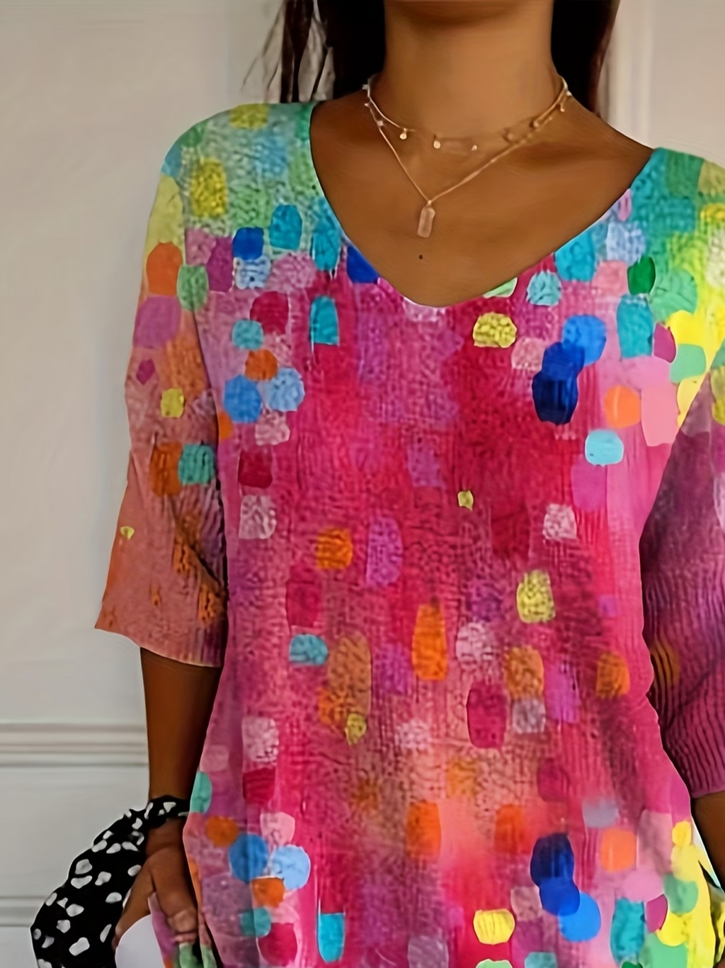 Women's Three Quarter Sleeve T-shirt Spring/Fall Pink Abstract Printing V Neck Daily Going Out Casual Top