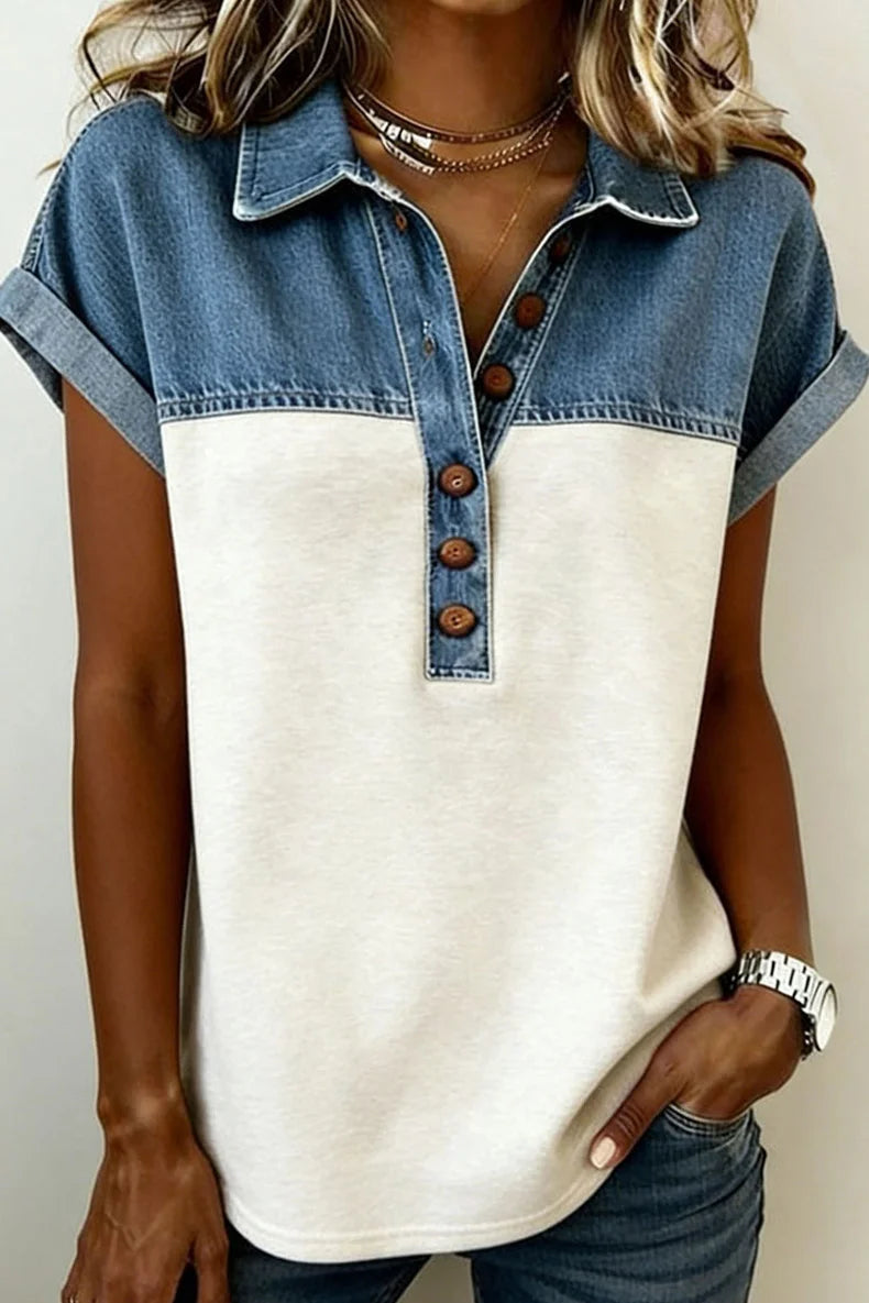 Denim Shawl Collar Color Block Going Out Casual Shirt
