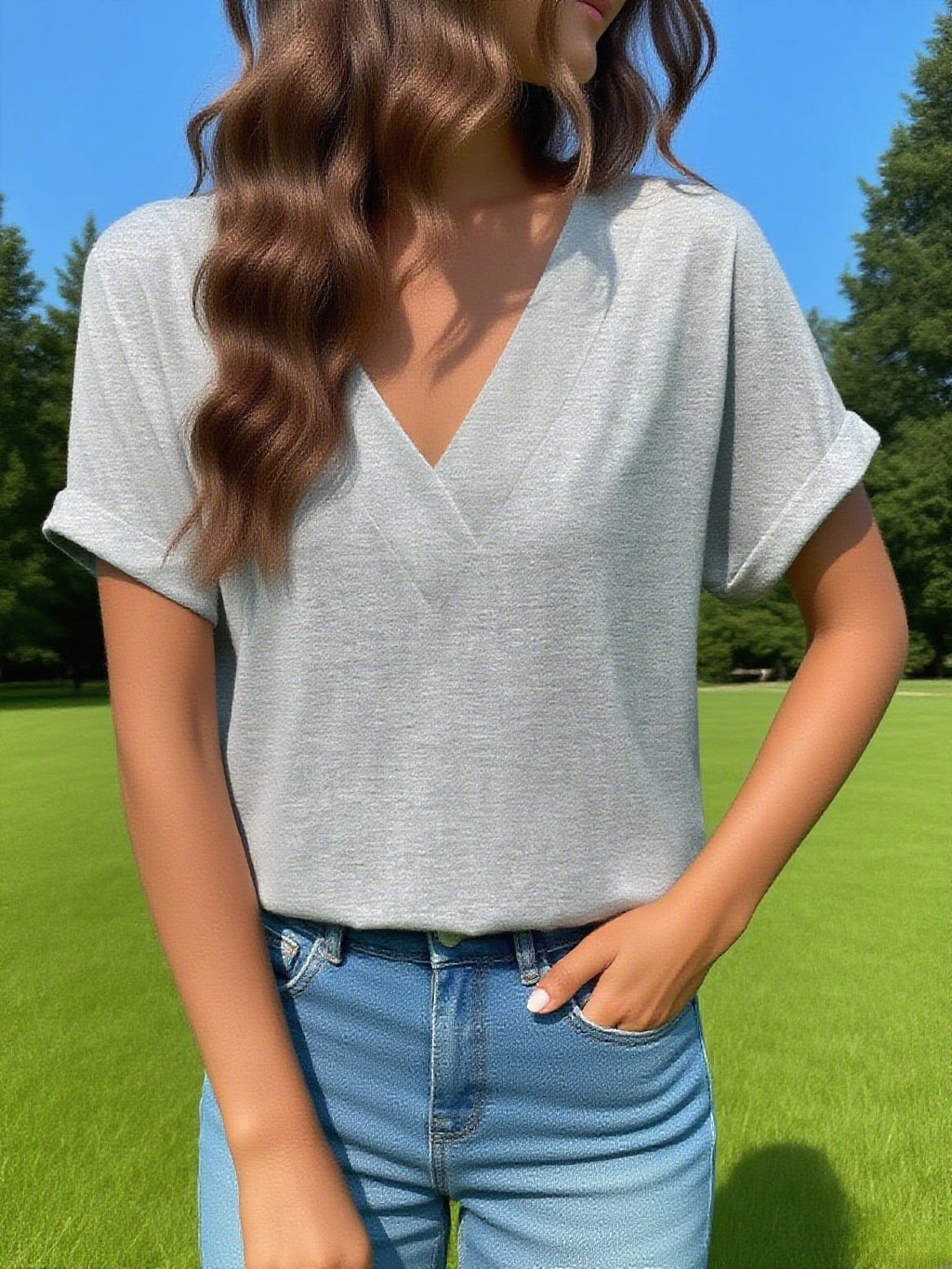Women's Short Sleeve T-shirt Summer Light Gray Plain Split Joint Cotton-Blend V Neck Daily Going Out Casual Top