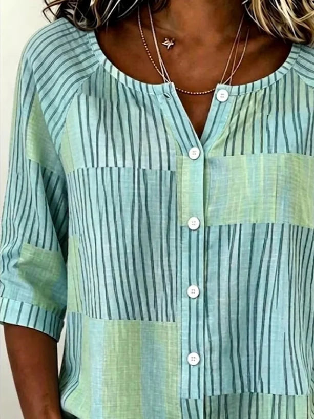 Women's Half Sleeve Shirt Summer Green Striped Buckle Crew Neck Daily Going Out Casual Top