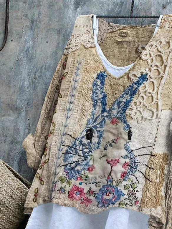 Women's Long Sleeve Blouse Spring/Fall As Picture Easter (rabbit) Printing V Neck Daily Going Out Casual Top