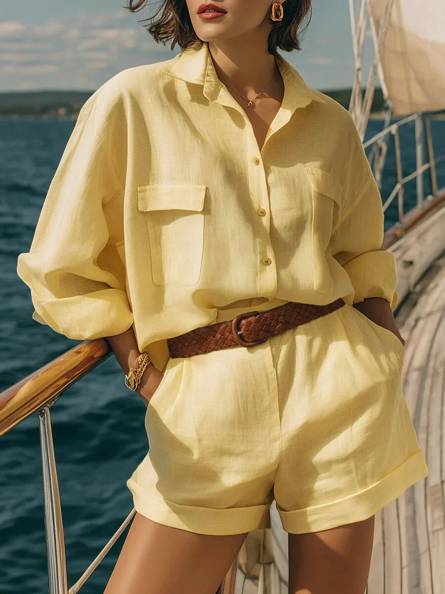Women's Split Joint Plain Daily Going Out Two-Piece Set Yellow Casual Summer Top With Pants Matching Set