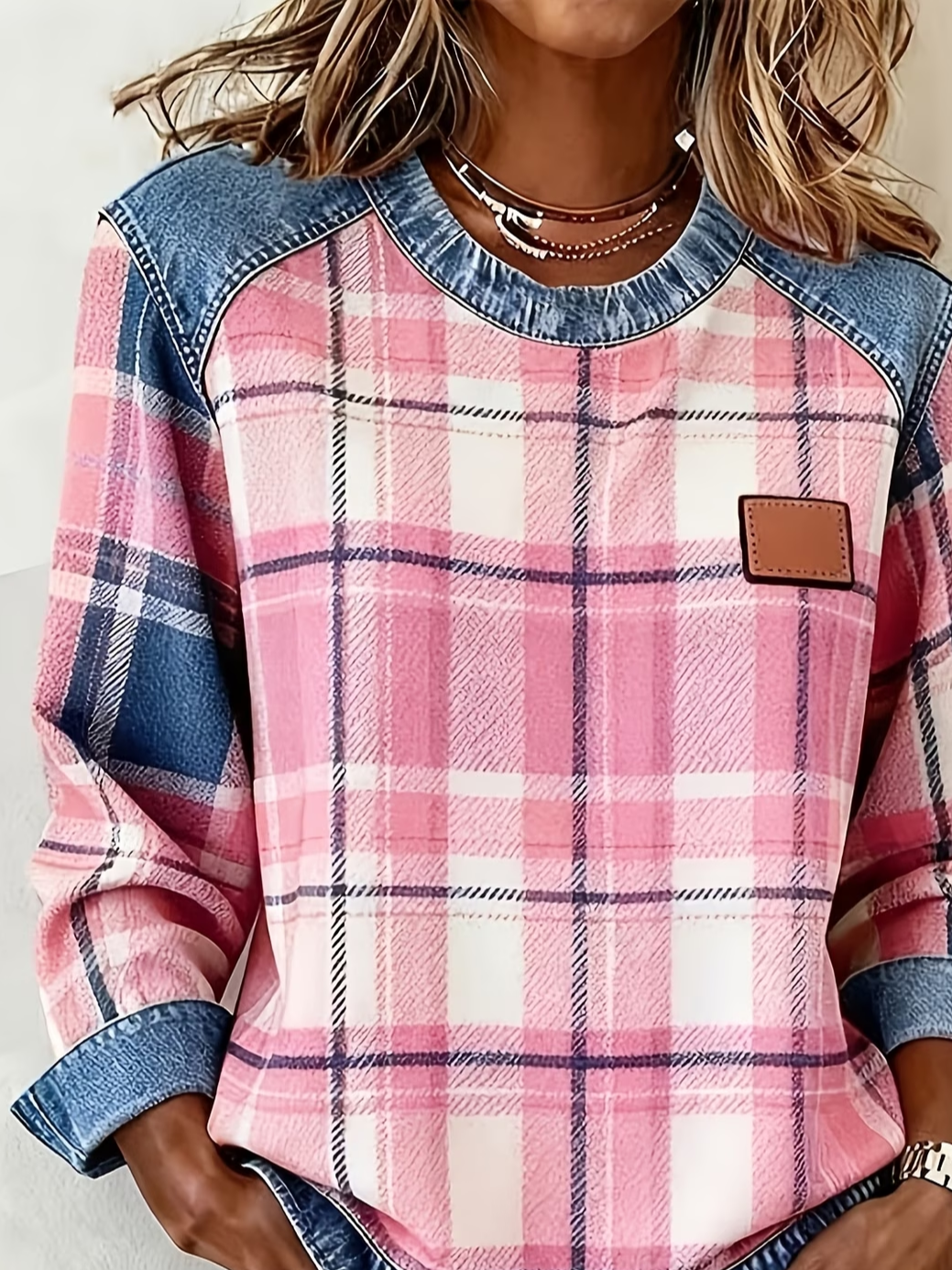 Women's Plaid Print Patchwork Denim Crewneck Long-Sleeved Sweatshirt
