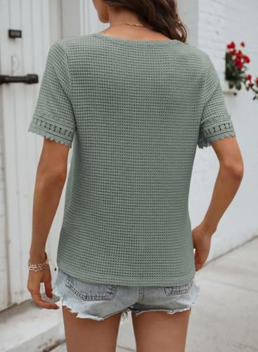 Knitted Lace Block V Neck Short Sleeve Casual T-Shirt