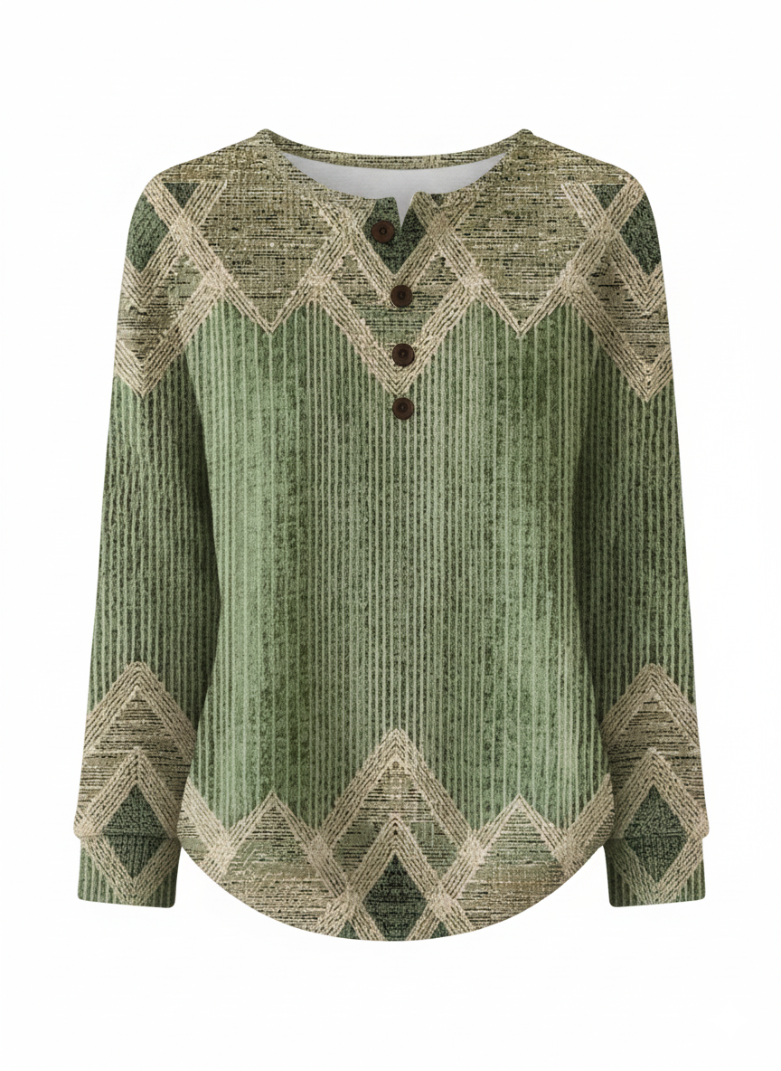 Women's Blue Geometric Patchwork Henley Pullover Ribbed Long Sleeve Casual Sweatshirt
