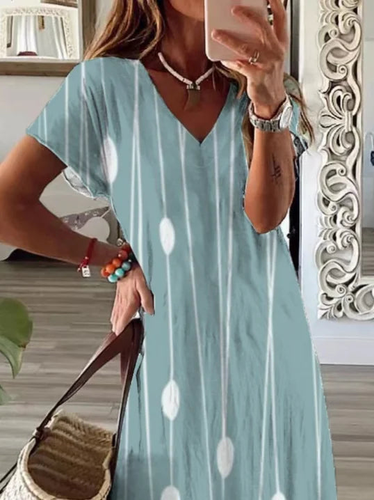 Women's Striped Spring Print Casual V-Neck Short Sleeve Slit Dress