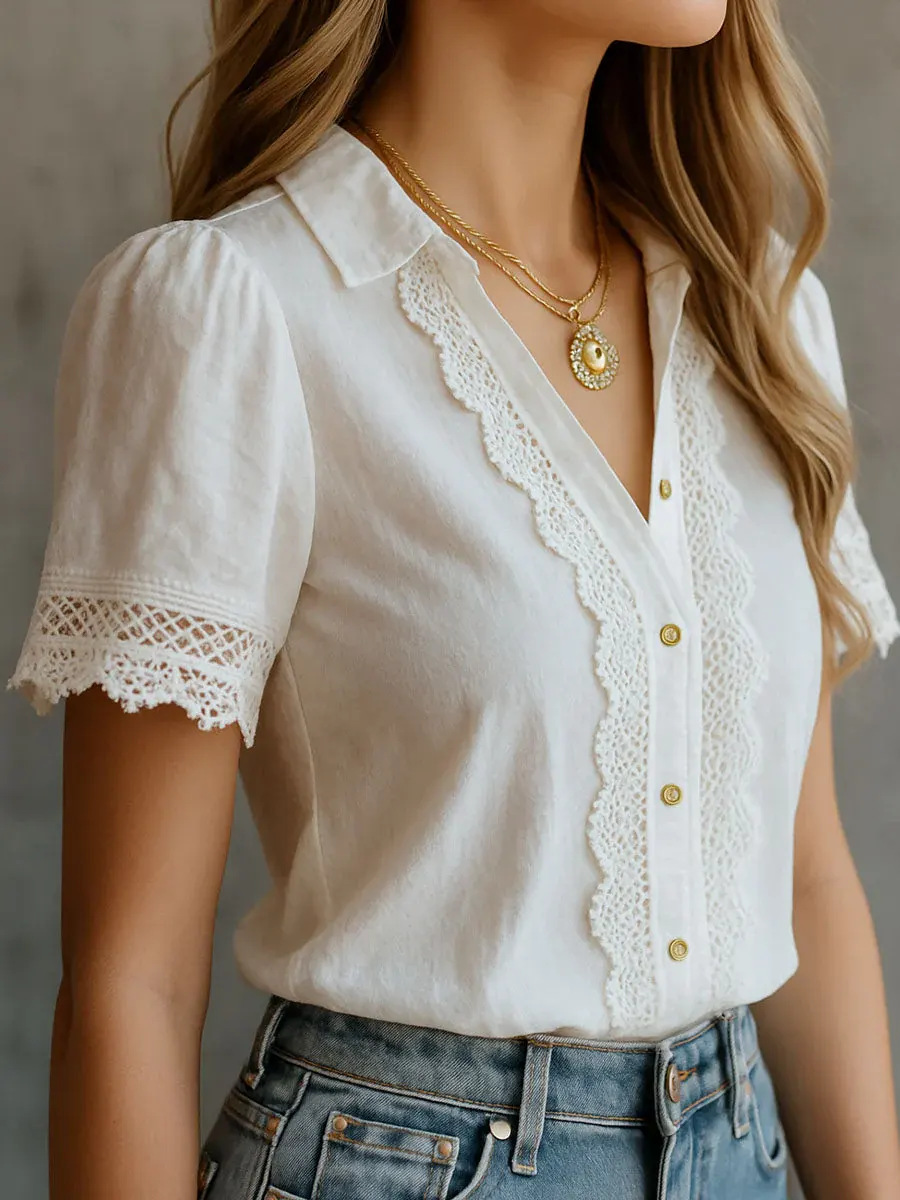 Cotton And Linen Shawl Collar Short Sleeve Lace Casual Plain Shirt