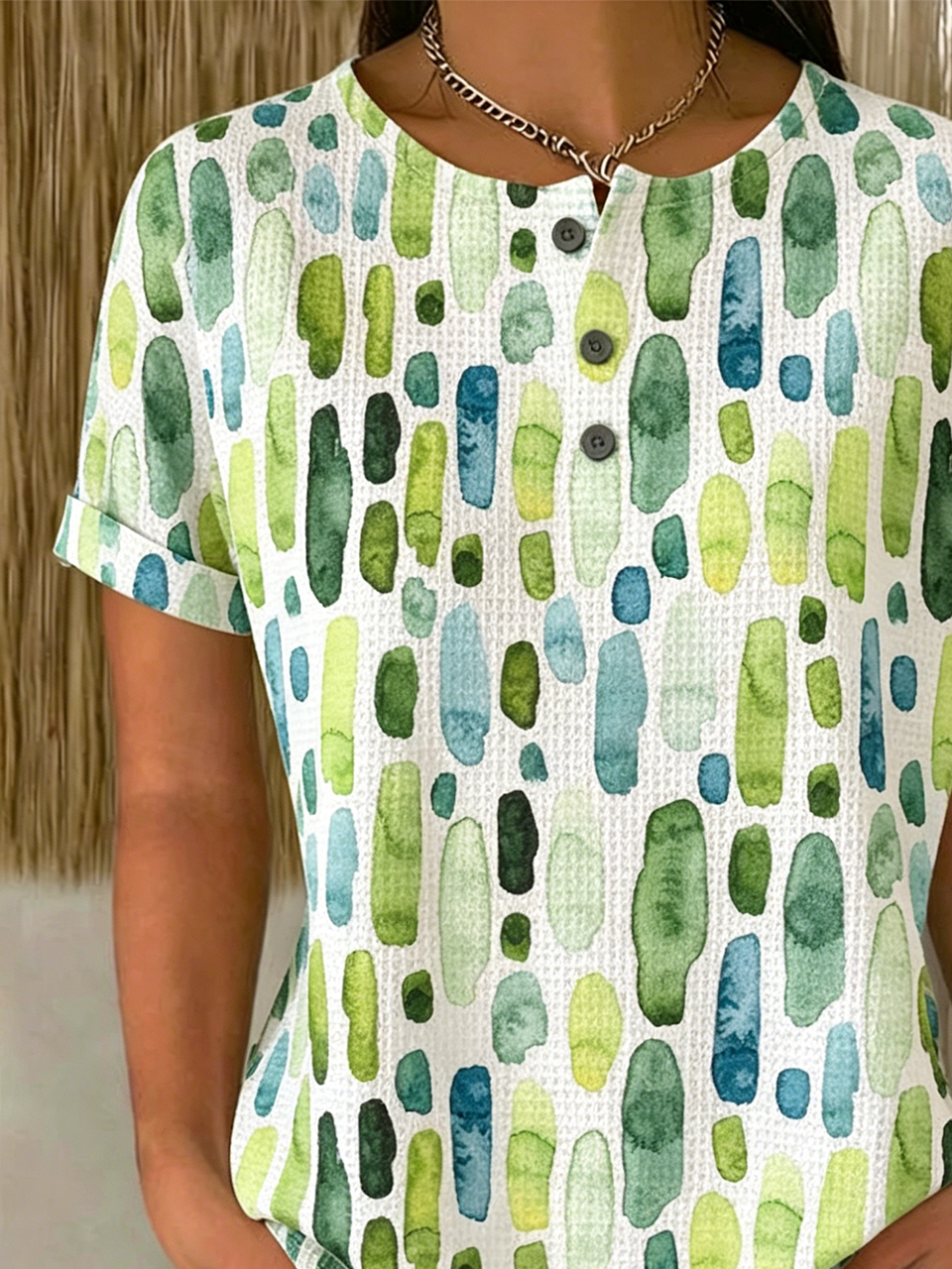 Green Blue Watercolor Henley Neck Summer Relaxed Fit T-Shirt
