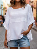 Cotton And Linen Casual Plain Crew Neck Blouse