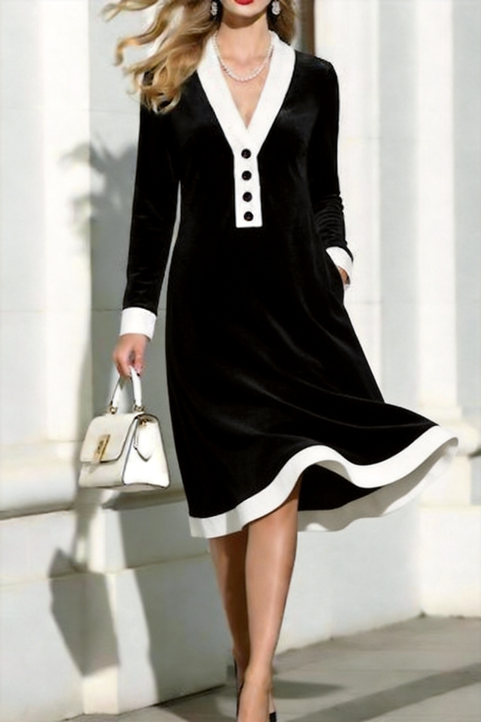 Women's Black Long Sleeve White Trim V Neck Midi Dress Elegant Bodycon Dress