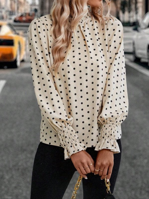 Women's Long Sleeve Shirt Spring/Fall Apricot Polka Dots Split Joint Lotus Leaf Collar Petal Sleeve Daily Going Out Casual Top
