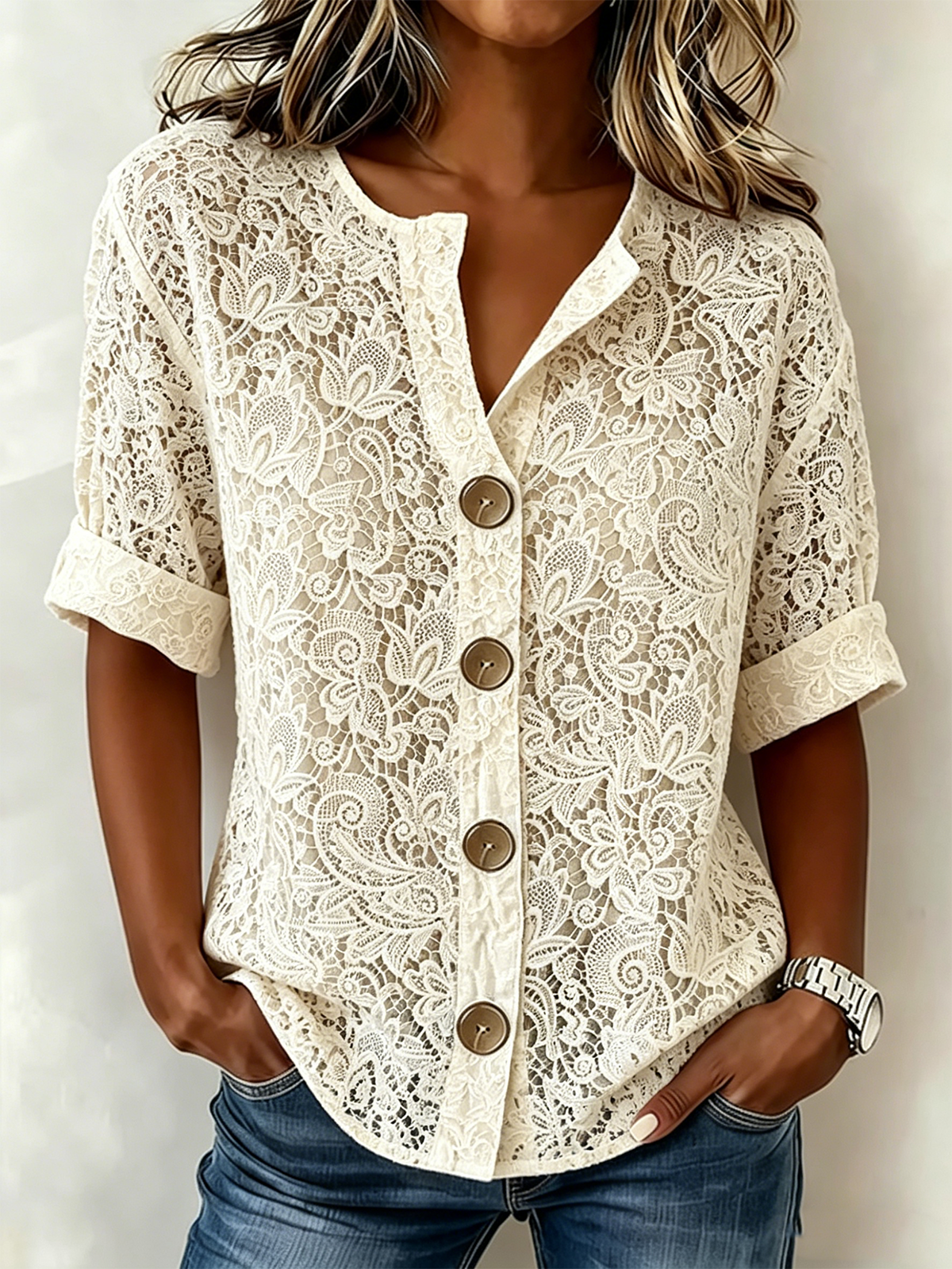 Women's Cream Lace Print Blouse Short Sleeve Button Down V Neck Casual Top