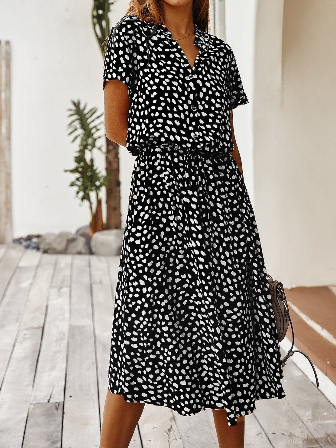 Women's Short Sleeve Summer Blue Polka Dots Split Joint V Neck Daily Going Out Vintage Maxi A-Line T-Shirt Dress Dress