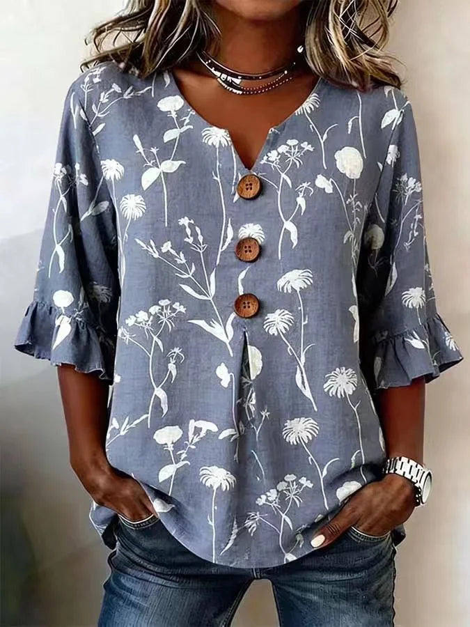 Polyester Cotton Floral V Neck Button Short Ruffle Sleeve Casual Top