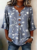 Polyester Cotton Floral V Neck Button Short Ruffle Sleeve Casual Top