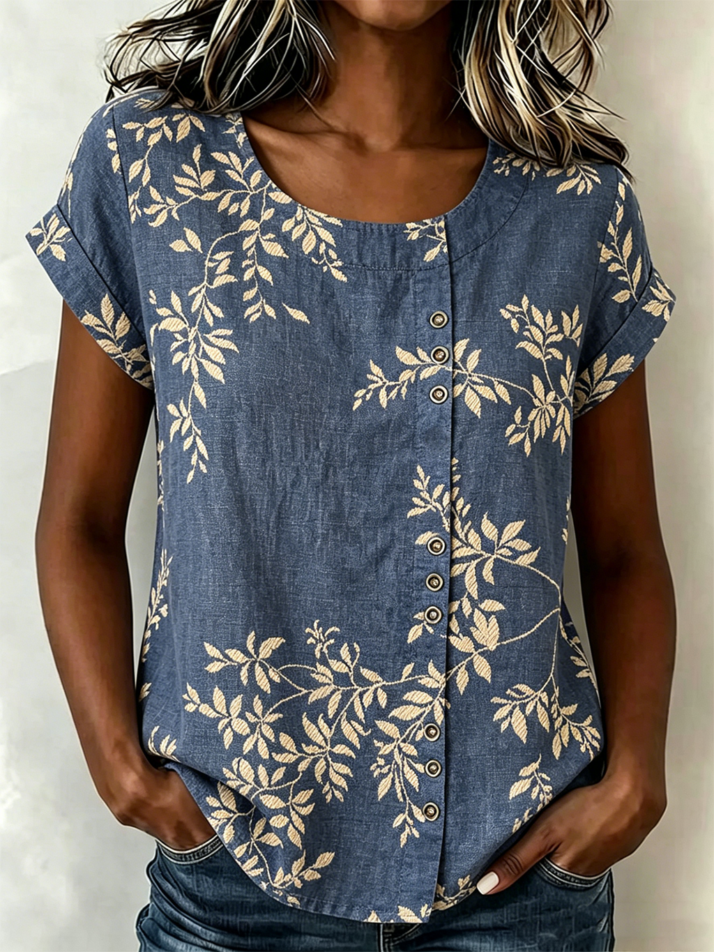 Vintage Loose Crew Neck Botanical Pattern Shirt