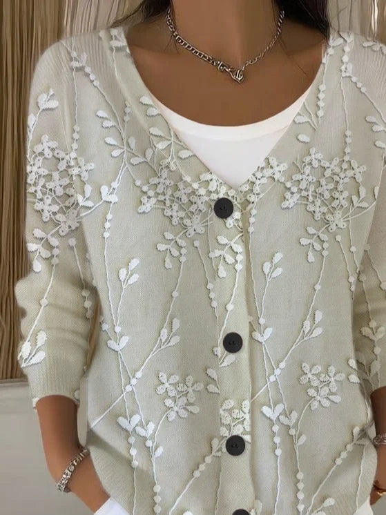 Women's Floral Print Casual Long Sleeve V-Neck Knitted Button Cardigan