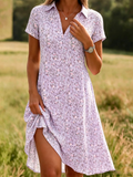 Women's Green Floral Print Shirt Dress Collared Short Sleeve A-Line Casual Midi Dress