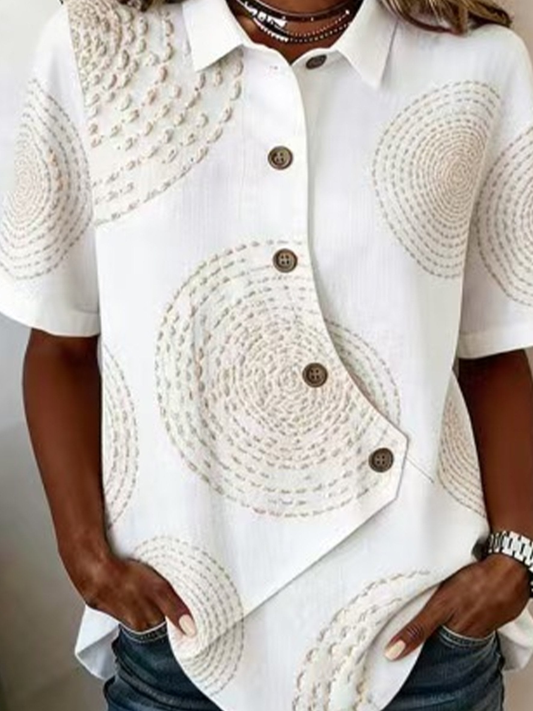 3D Printing Cotton And Linen Shawl Collar Short Sleeve Asymmetry Placket Design Button Summer Going Out Casual Shirt