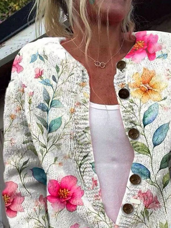 Women's Floral Print Cardigan White Multicolor Flower Print Long Sleeve Button Down Knit Jacket