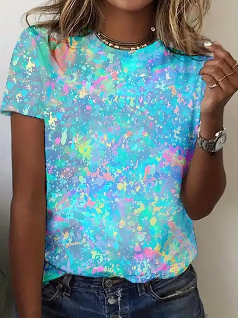 Women's Short Sleeve T-shirt Summer Blue Abstract Printing Jersey Crew Neck Daily Going Out Casual Top