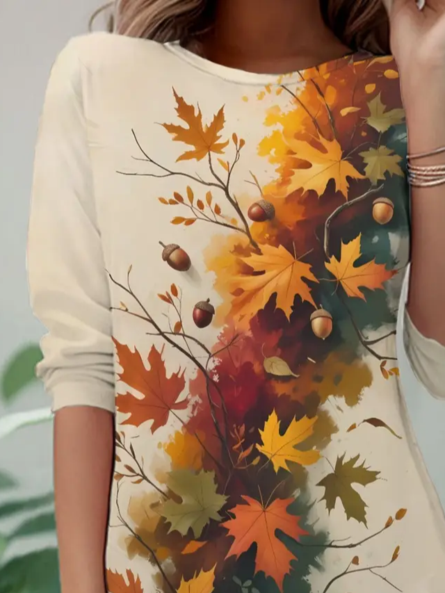 Women's Long Sleeve T-shirt Spring/Fall Apricot Maple Leaf Jersey Crew Neck Daily Going Out Casual Tunic Top