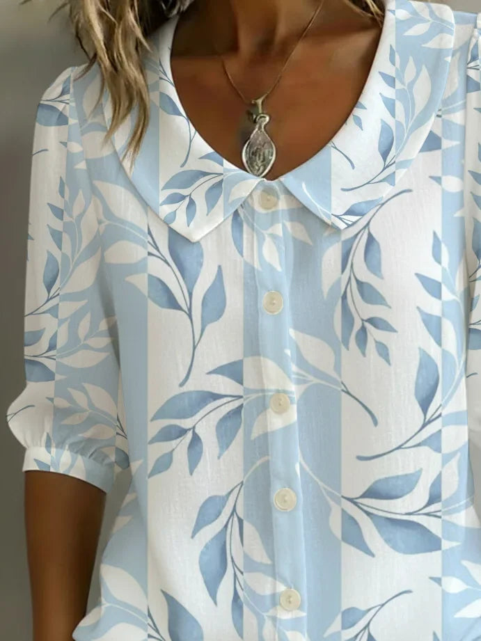 Women's Half Sleeve Shirt Summer Blue Floral Printing Shawl Collar Daily Going Out Casual Top