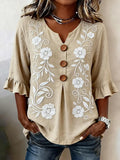 Women's Half Sleeve Blouse Summer Light Khaki Floral Printing V Neck Daily Going Out Vintage Top