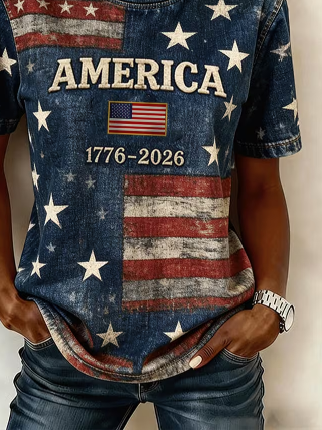 Women's Short Sleeve T-shirt Summer Navyblue Independence Day (Flag) Printing Jersey Crew Neck Daily Going Out Casual Top