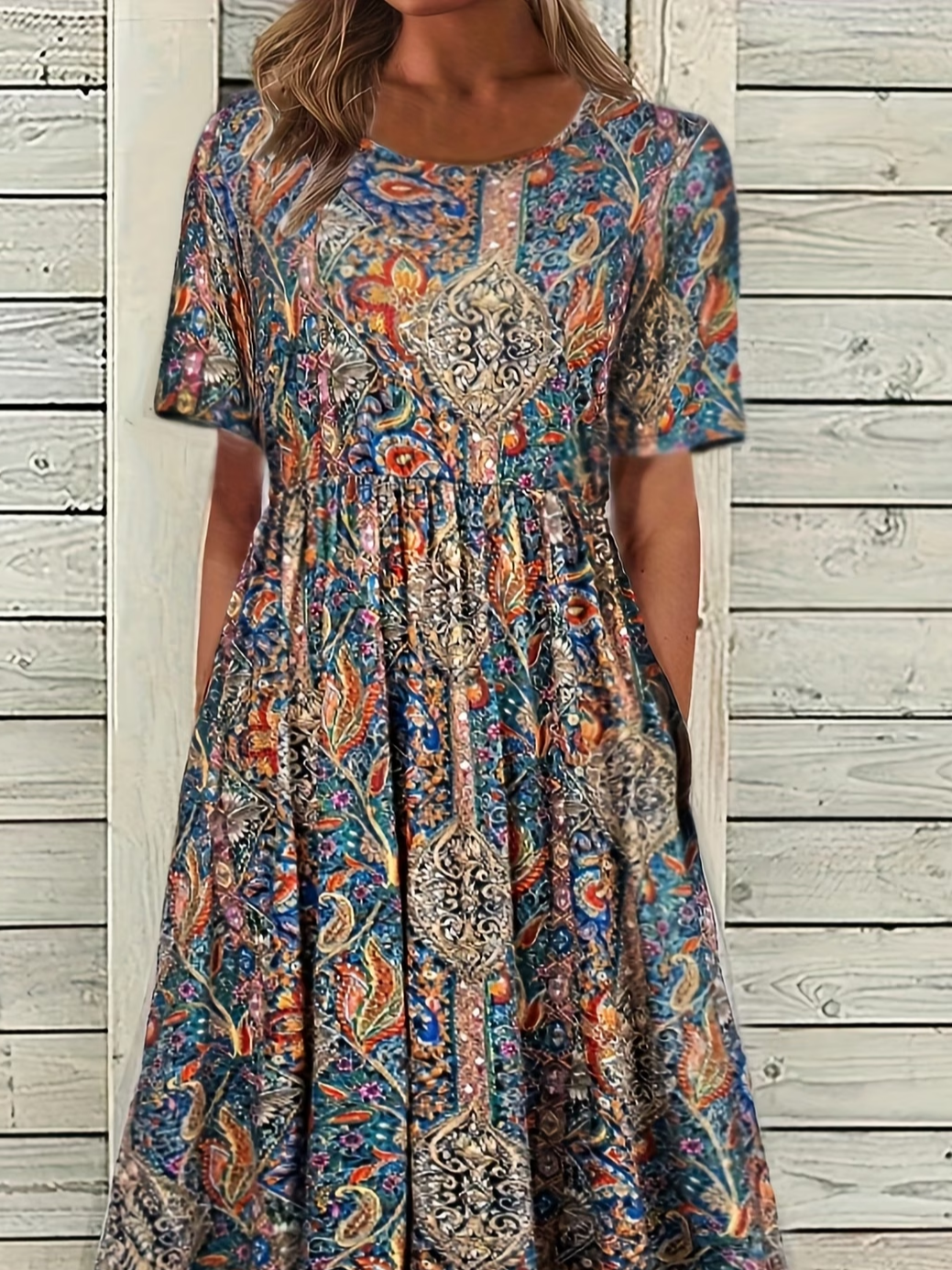 Women's Short Sleeve Summer As Picture Ethnic Printing Crew Neck Daily Going Out Casual Maxi H-Line Shift Dress Dress