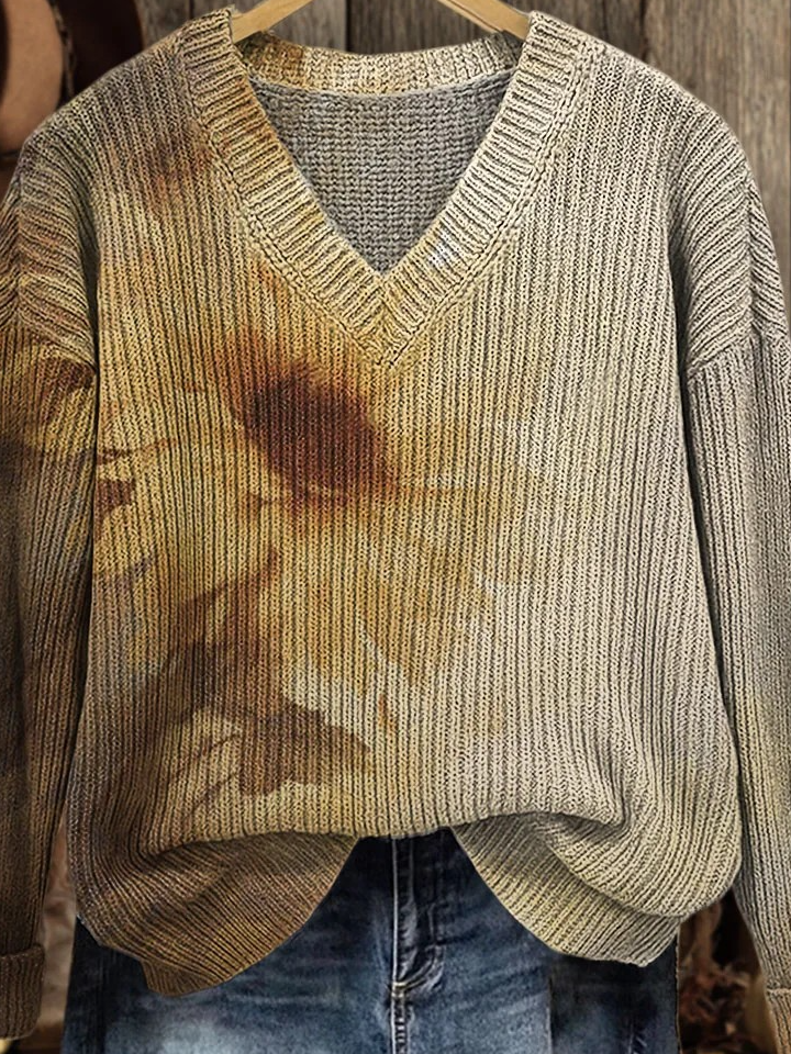 V Neck Vintage Loose Floral Sweater