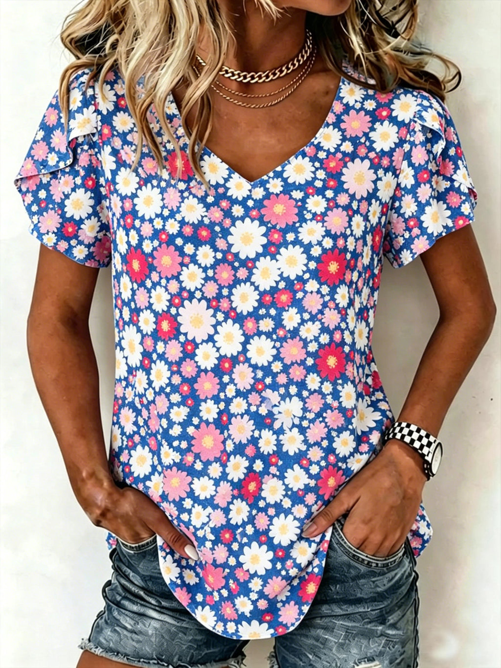 Loose Daisy Floral Cotton-Blend Ruffle Short Sleeve V Neck Summer Daily Going Out Casual Top