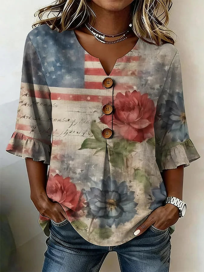 Women's Half Sleeve Blouse Summer As Picture Floral Printing V Neck Daily Going Out Vintage Top
