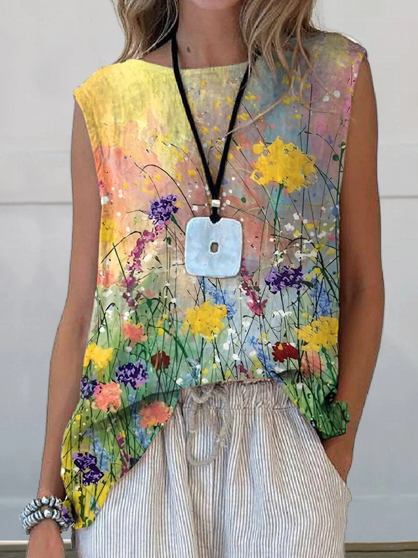 Women's Sleeveless Tank Top Summer As Picture Floral Printing Crew Neck Daily Going Out Casual Top