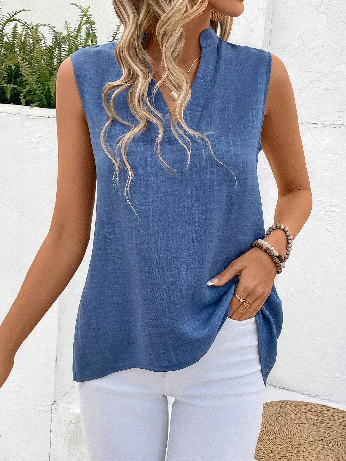 Buttoned Simple Sleeveless Regular Cotton and linen Shirts