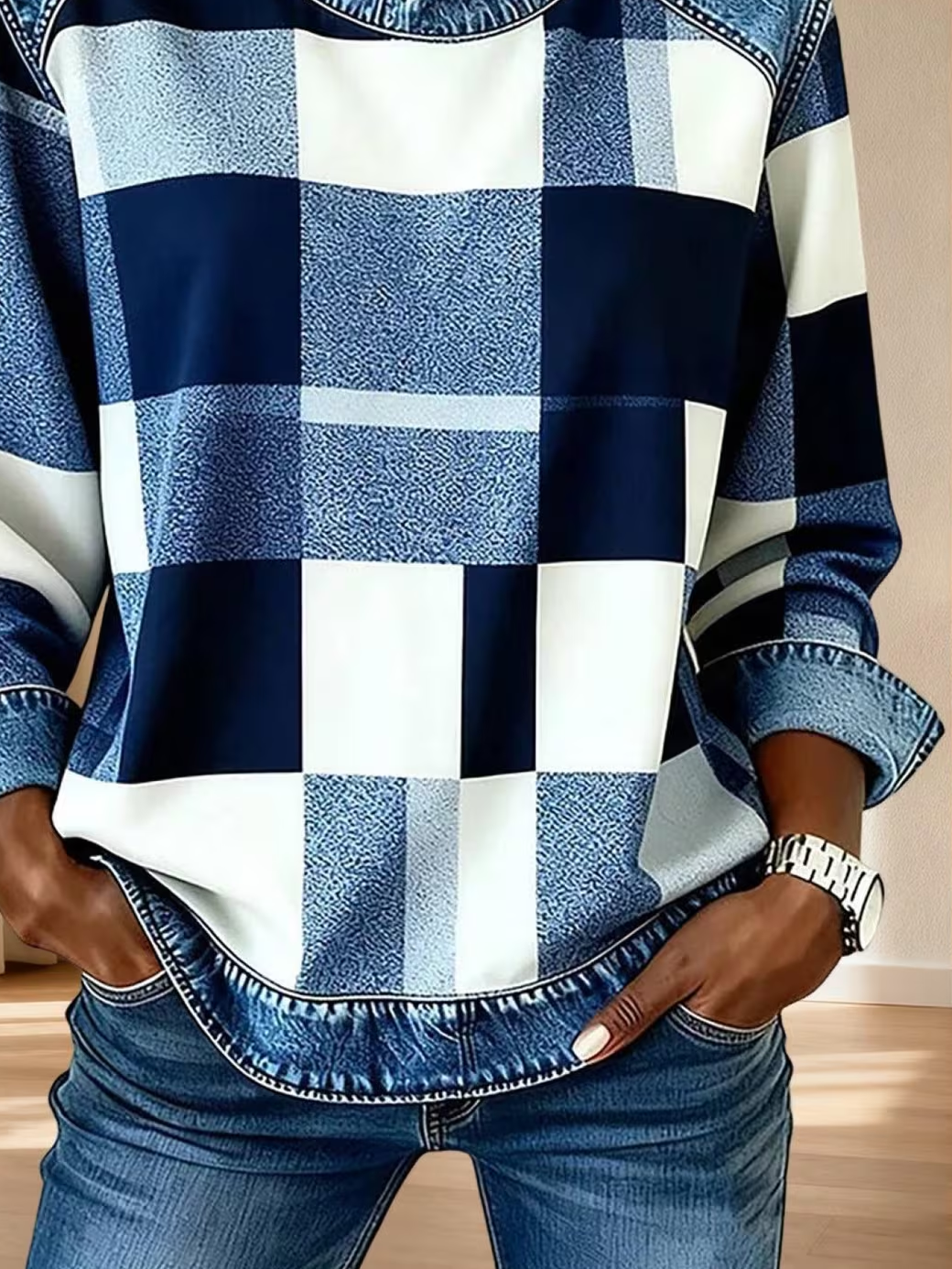 Women's Abstract Plaid Print Patchwork Denim Crewneck Long-Sleeved Sweatshirt
